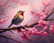 Птичка на цветущей розовой ветви