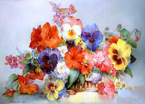 Корзинка с анютиными глазками и маками