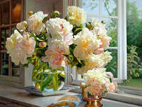 Без бренда «Ваза с букетом белых пионов у окна» в Нижневартовске