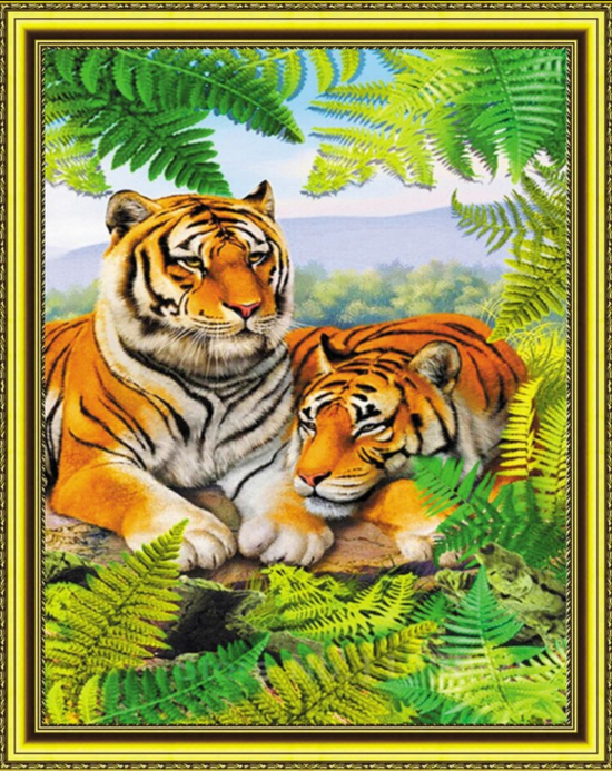 Алмазная мозаика 40x50 Пара тигров в зарослях папоротника