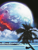 Пальма у океана на фоне большой планеты