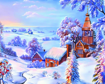 Деревянная церковь в заснеженной долине