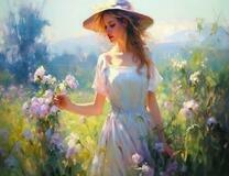 Девушка собирает цветы в поле